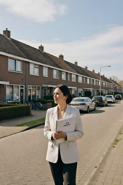 Makelaar in een Nederlandse woonwijk